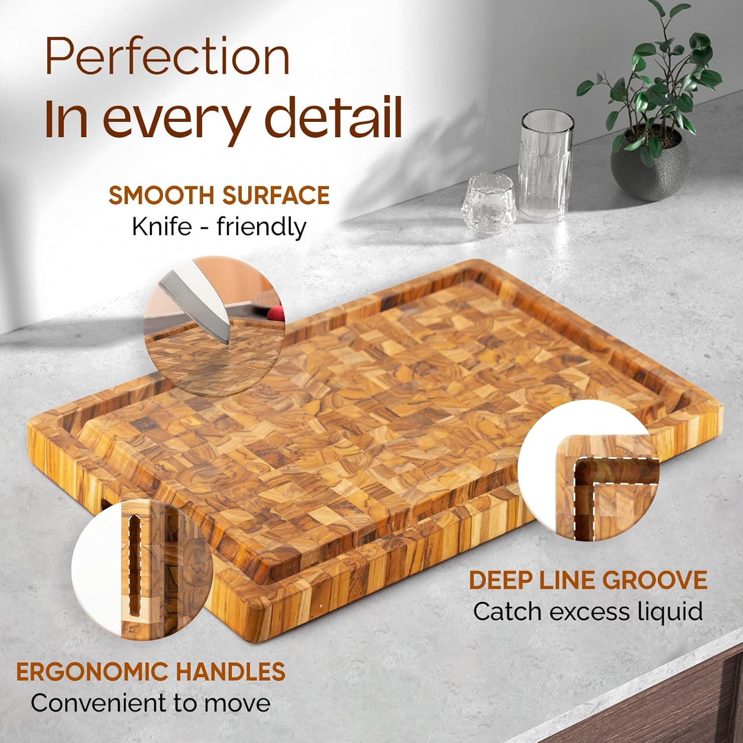 Yes4All Tablas de cortar de teca duraderas para cocina, 20 pulgadas de largo x 15 pulgadas de ancho x 1.5 pulgadas de grosor, tabla de cortar de