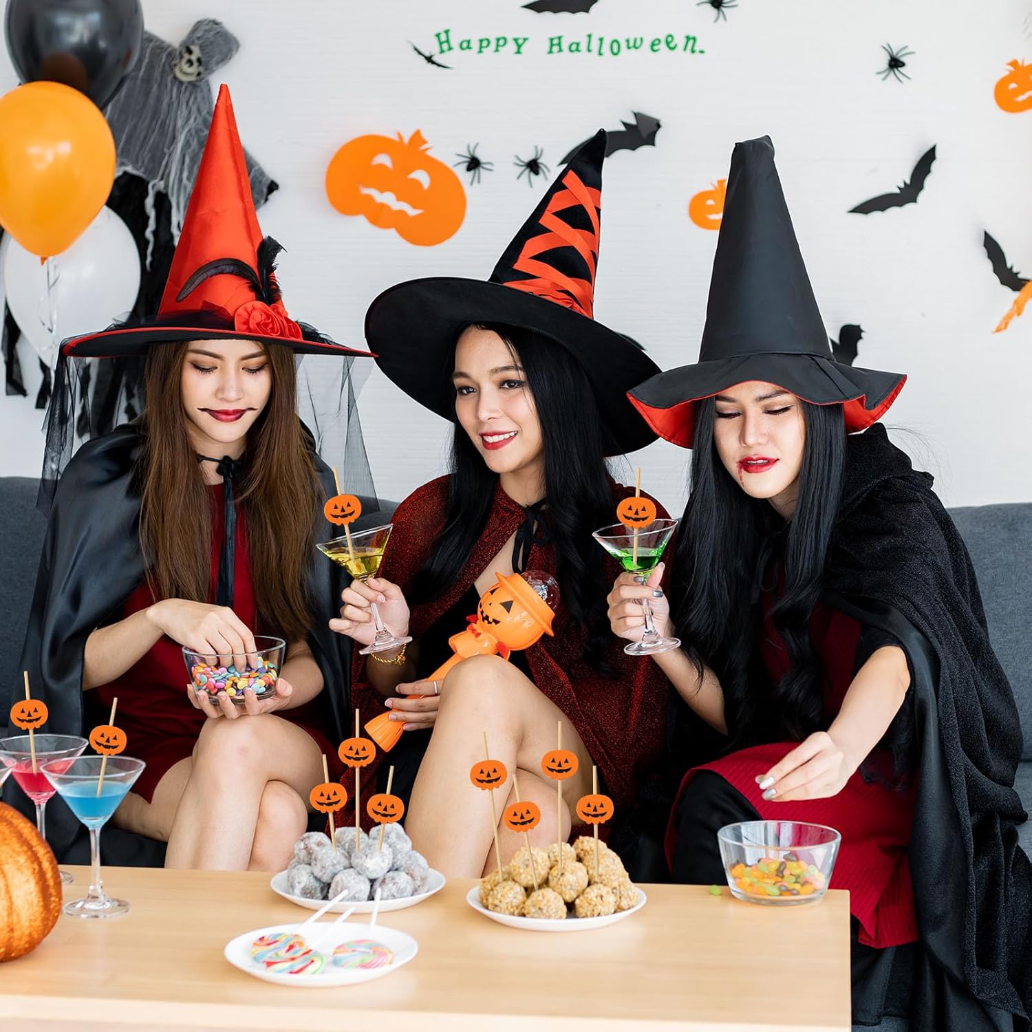 200 palillos de cóctel de calabaza de Halloween, brochetas de fruta fantasma de calabaza, palillos de comida de bambú para aperitivos de madera