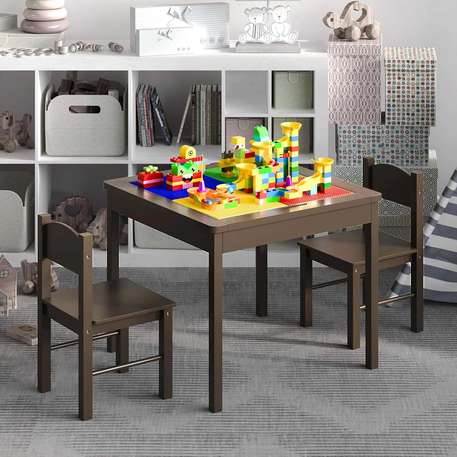 4NM Juego de mesa de juego 3 en 1 para niños y 2 sillas con almacenamiento, compatible con Lego y Duplo Bricks, mesa de madera para niños pequeños,