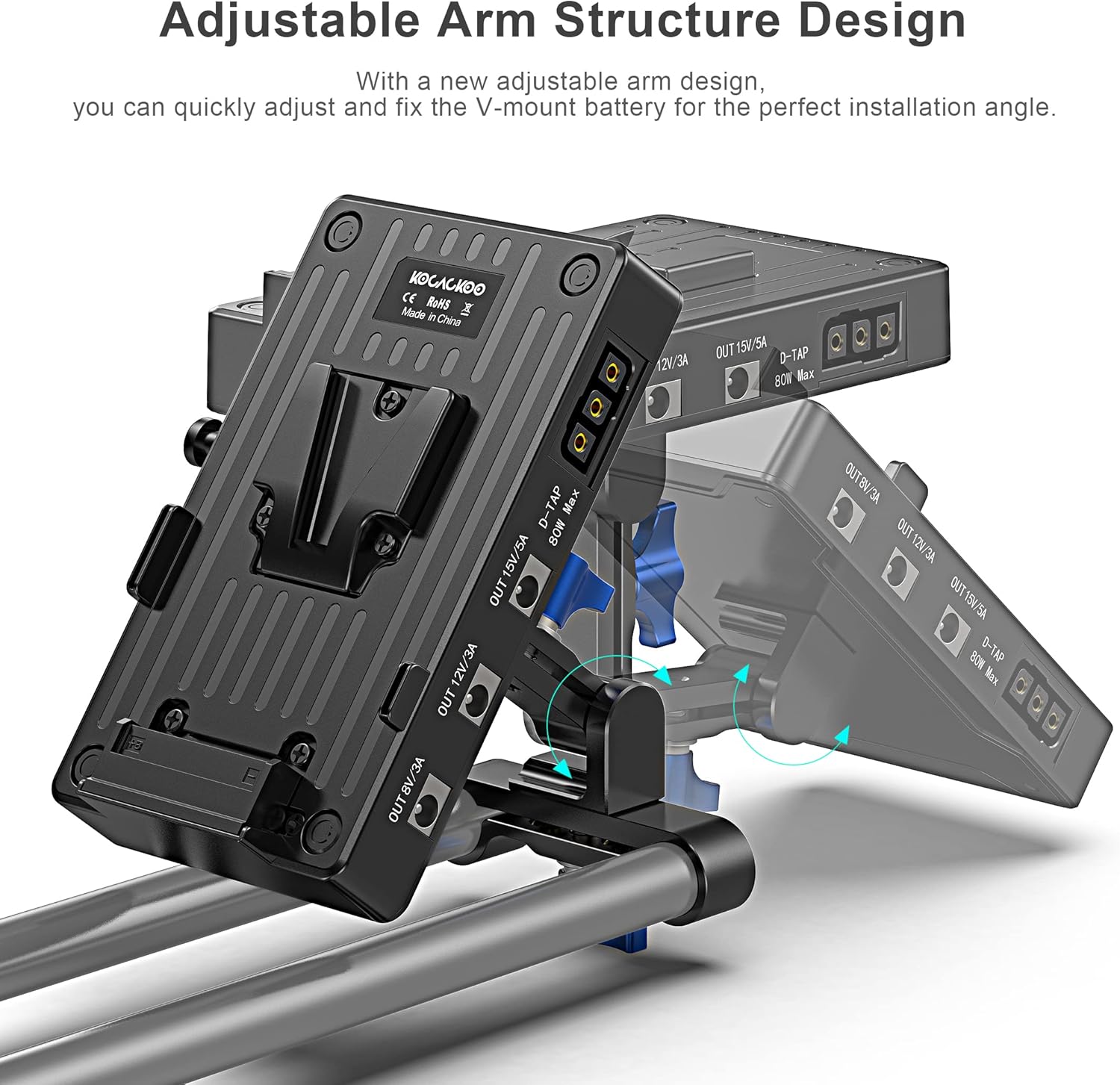 Adaptador divisor de fuente de alimentación de placa de batería con doble salida D-TapUSB-ADC + brazo ajustable y abrazadera de varilla de 0.591 in
