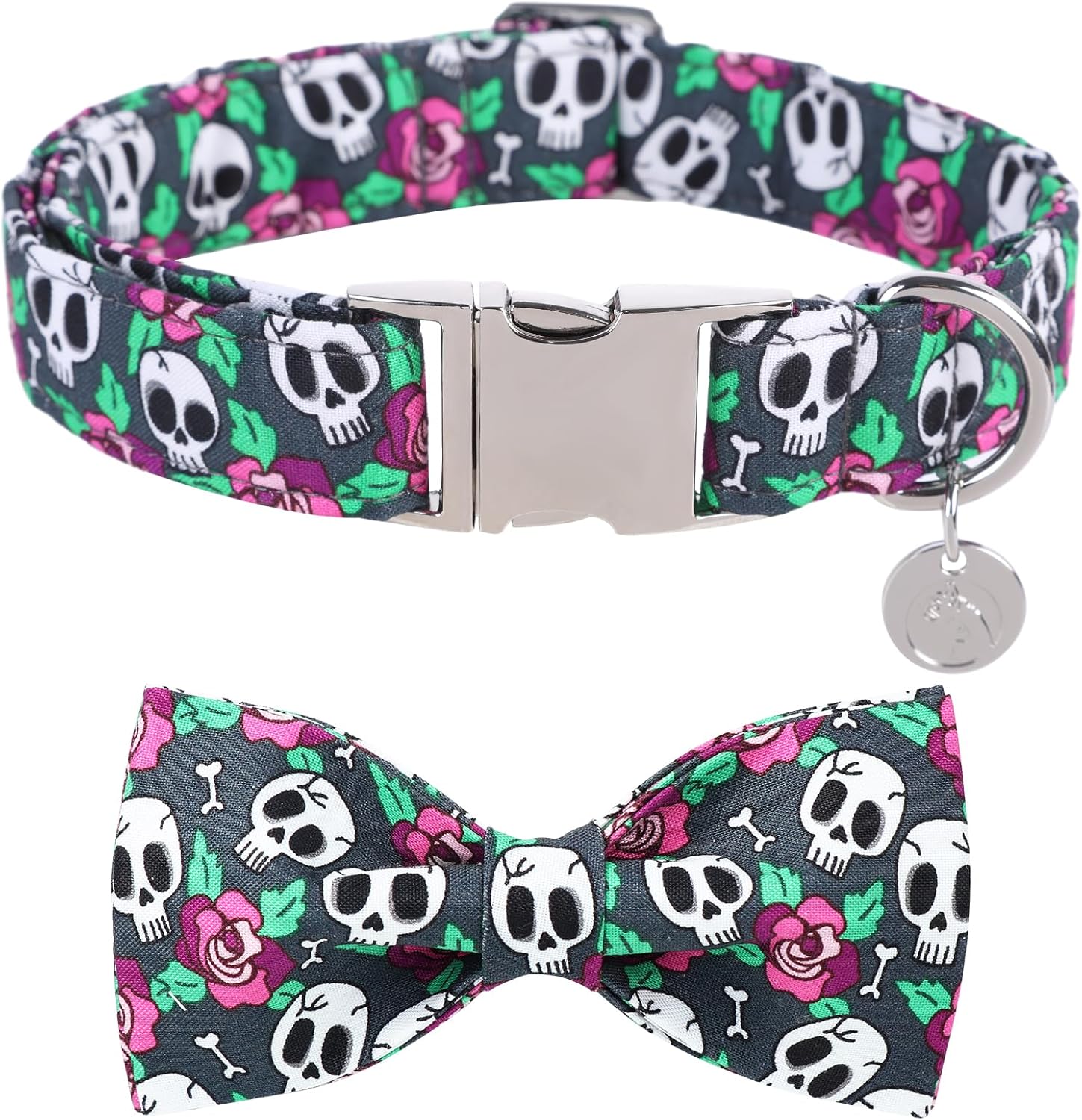 DOGWONG Collar de perro fantasma de Halloween con corbatín, collar de perro de calavera rosa para Halloween, duradero y suave, collar de perro para