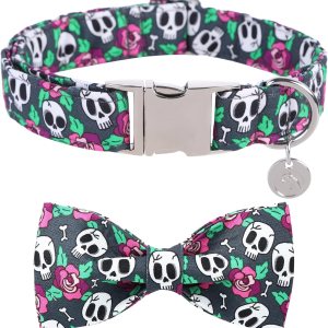 DOGWONG Collar de perro fantasma de Halloween con corbatín, collar de perro de calavera rosa para Halloween, duradero y suave, collar de perro para DOGWONG Collar de perro fantasma de Halloween con corbatín, collar de perro de calavera rosa para Halloween, duradero y suave, collar de perro para