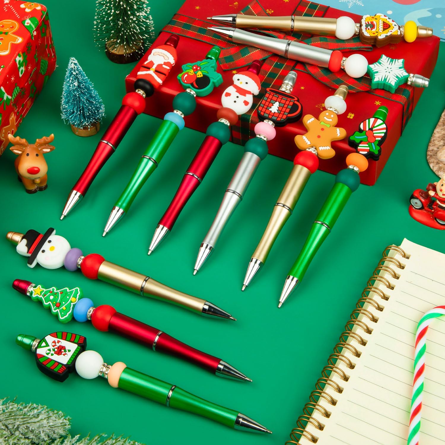 12 bolígrafos de Navidad con cuentas, bolígrafos de cuentas de plástico, bolígrafos de cuentas de silicona, muñecos de nieve, Papá Noel, para
