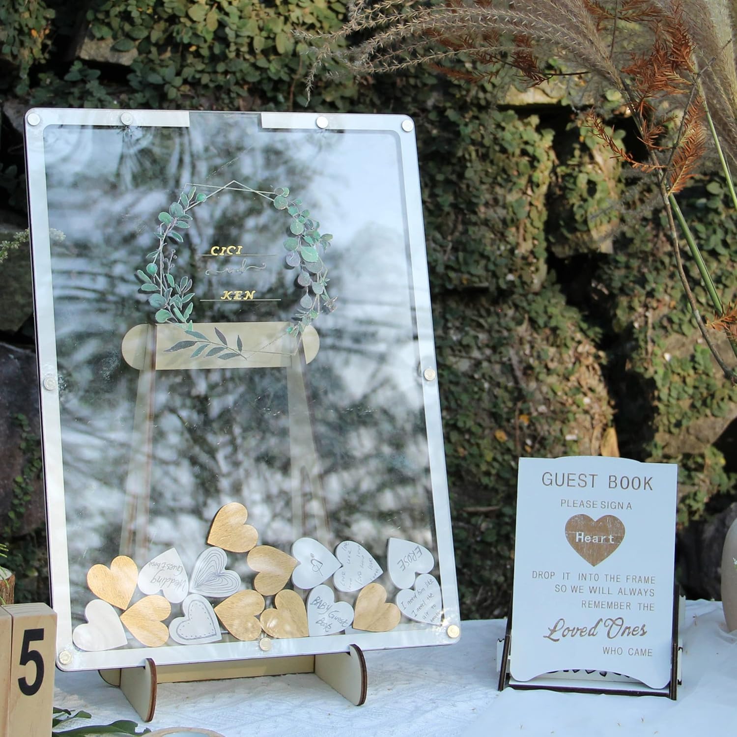 Libro de invitados de boda blanco alternativo, marco de libro de invitados con corazones para recepción de boda, libro de boda rústico para