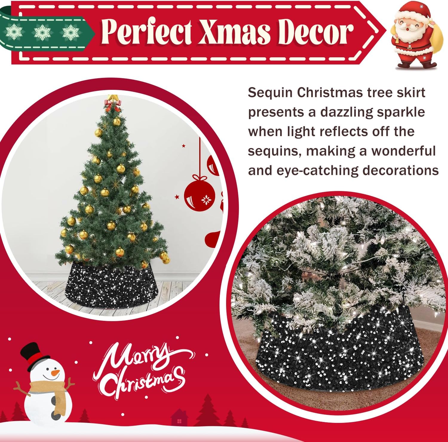 Collar de árbol de Navidad, falda de árbol de lentejuelas negras de 24 pulgadas, faldas de árbol de Halloween para árboles artificiales, anillo de