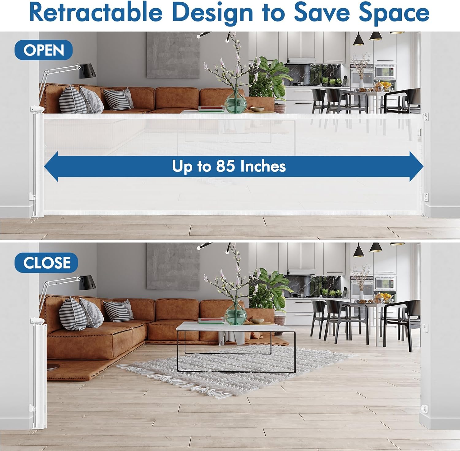 Puertas para bebés de 85 pulgadas extra anchas y retráctiles mejoradas, para puertas, puertas para perros de 35 pulgadas de alto, para la casa,