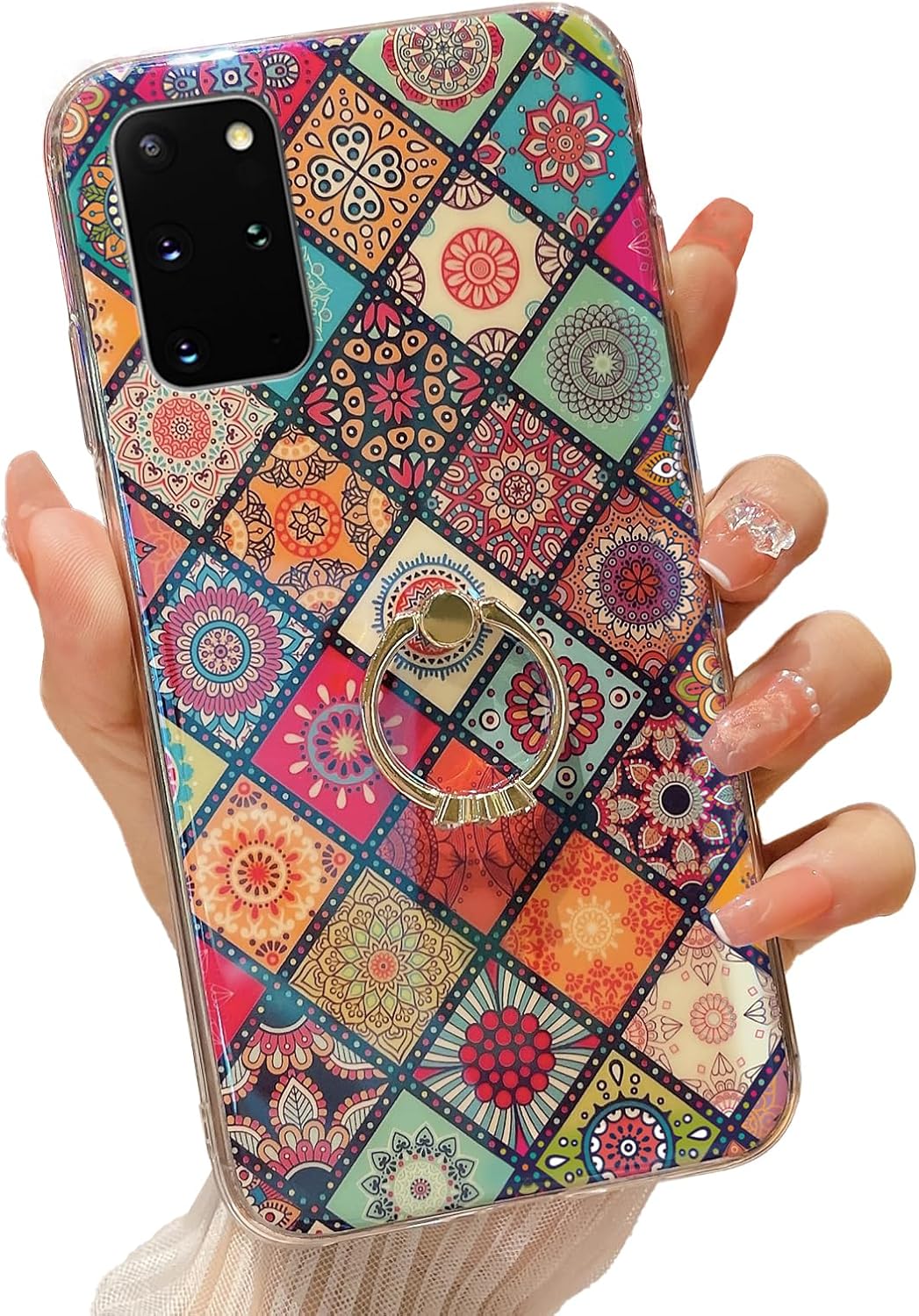 Funda para teléfono Samsung Galaxy S20 Plus con soporte de anillo dorado para niñas y mujeres, linda flor étnica, estilo retro, floral, delgada, a