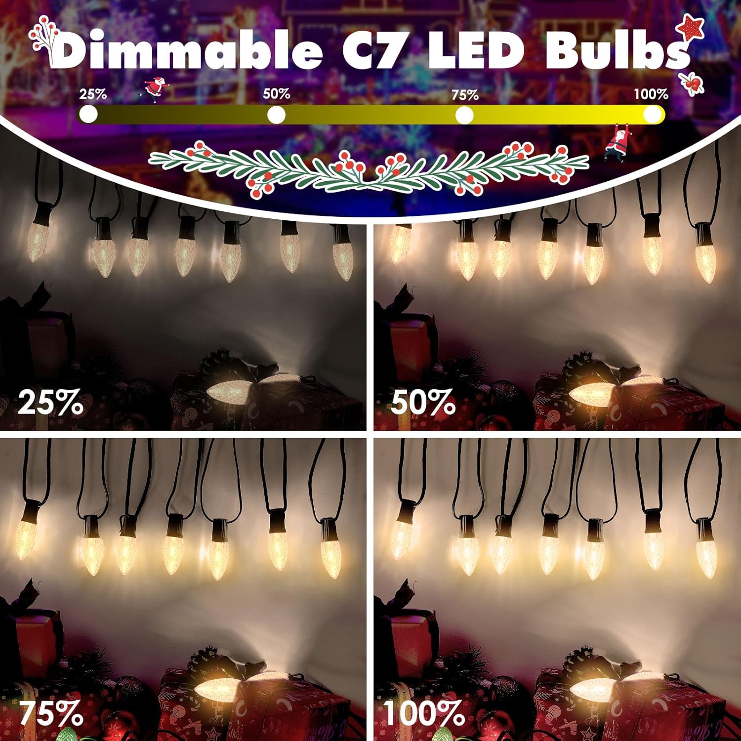 Paquete de 50 bombillas de repuesto de luz de Navidad C7, bombilla de grado comercial de 0.6 W, 2700 K cálidas, bombillas de candelabro E12 para