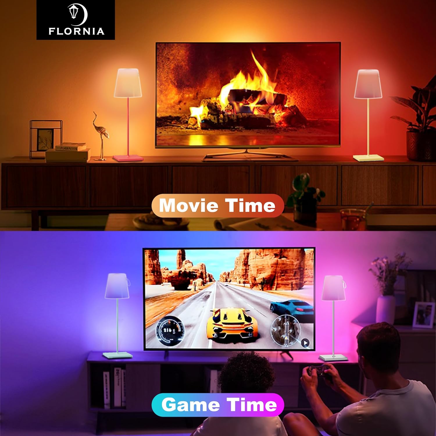 FLORNIA Juego de 2 lámparas de mesa inalámbricas RGB, luz de mesa recargable, lámpara de escritorio LED portátil, 1600 colores y lámpara de noche de