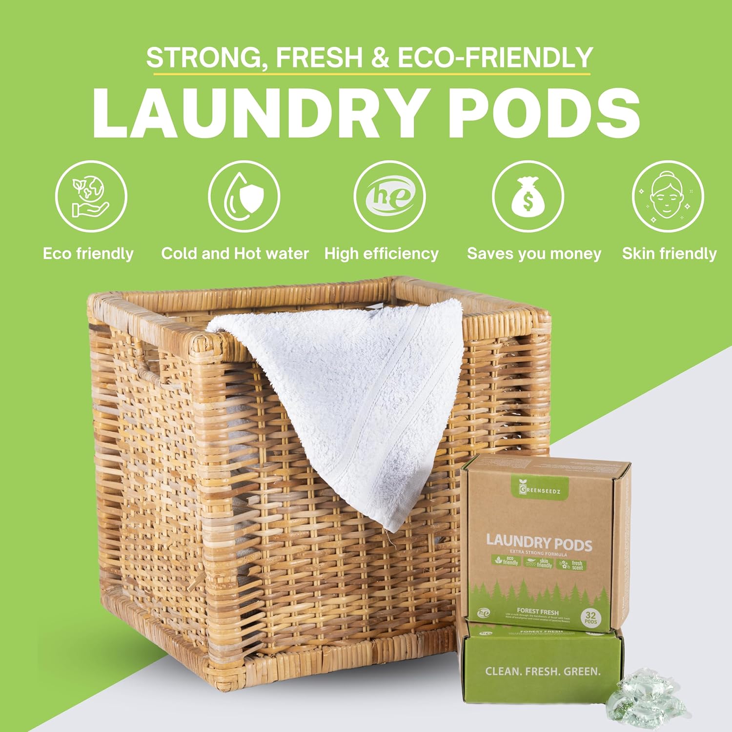 Greenseedz Cápsulas de detergente ecológico 5 en 1  Limpieza ultra fuerte  Aroma de bosque fresco  32 cápsulas  Para todas las máquinas (HE)