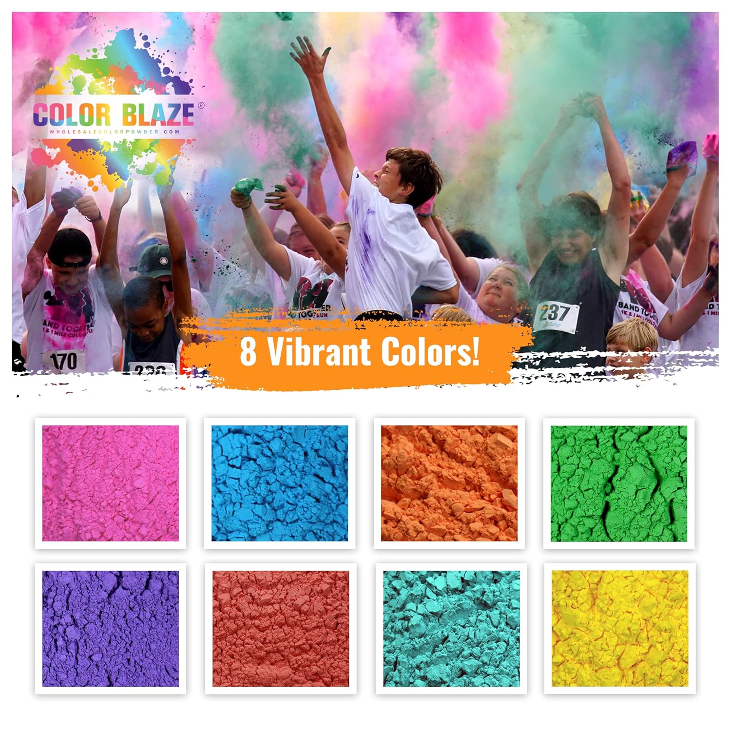 Color Blaze 25 paquetes de polvo Holi Color  2.65 oz cada uno  Paquete de 8 polvos multicolor  rosa, rojo, naranja, amarillo, verde, verde azulado,