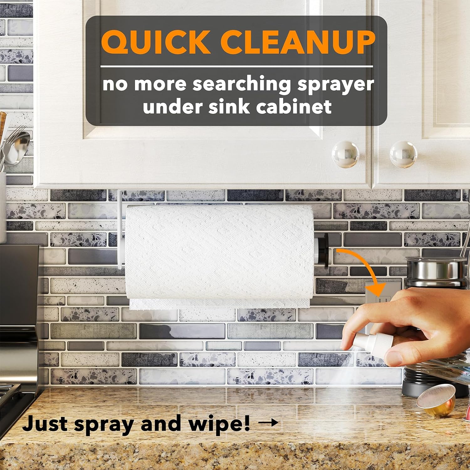 SpaceAid SprayNeat – Soporte para toallas de papel con botella de spray, soporte para toallas de papel debajo del gabinete con rociador en el centro