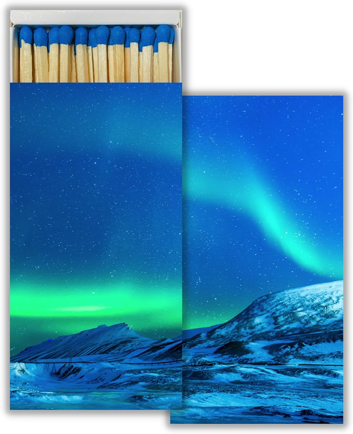 Aurora Borealis – Juego de 2 cajas de cerillas decorativas con cerillas de madera, ideal para iluminar velas, chimeneas, parrillas y más