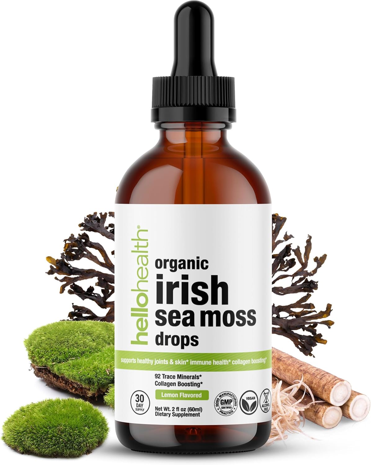 Gotas de musgo marino  Líquido orgánico de musgo marino irlandés, raíz de bardana, superalimento concentrado de vejiga de musgo marino, suplemento