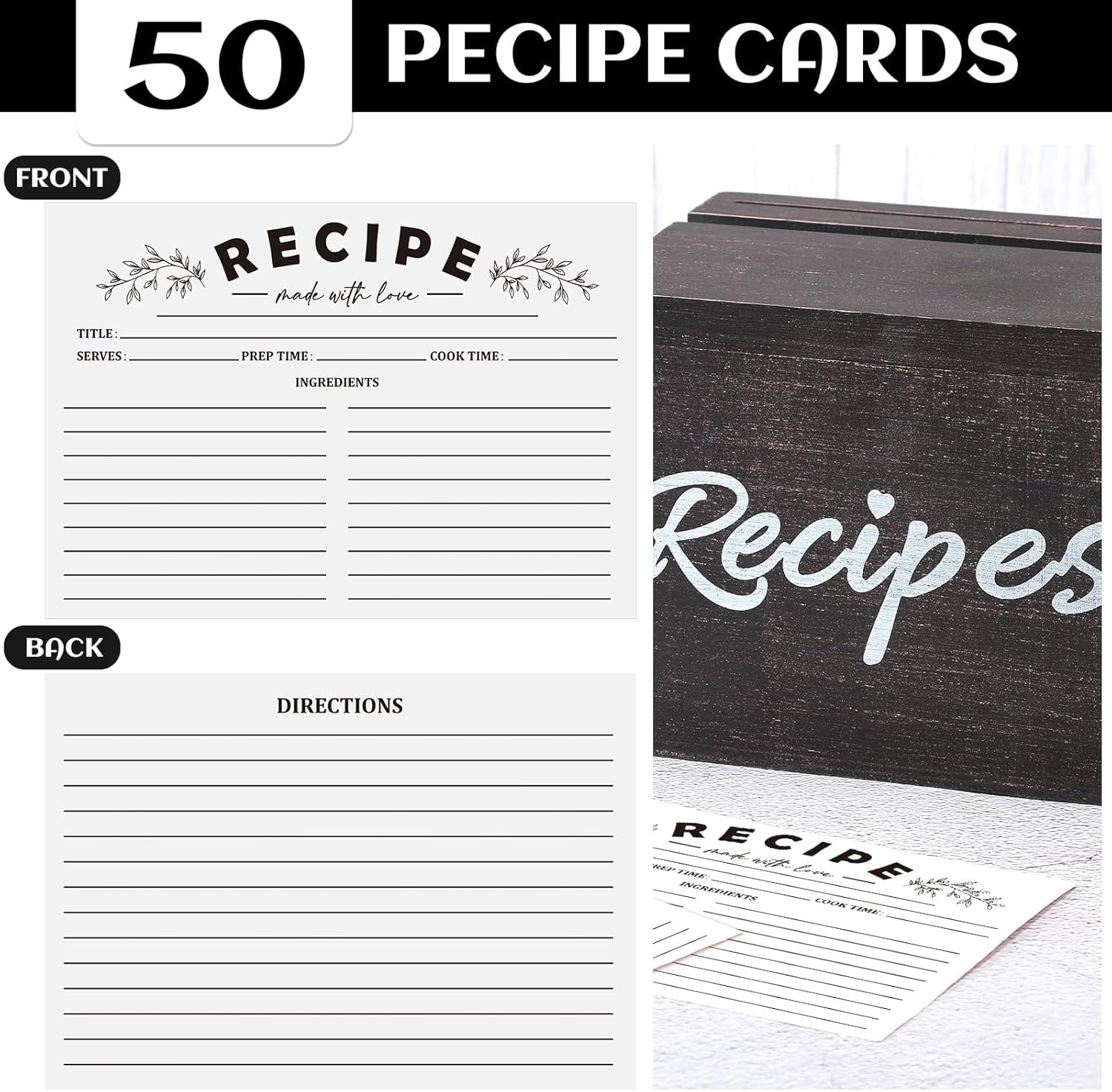 Hoteam Caja de recetas de madera con tarjetas y soporte para tarjetas de recetas de madera rústica con 50 tarjetas de recetas de 5 x 7 pulgadas,