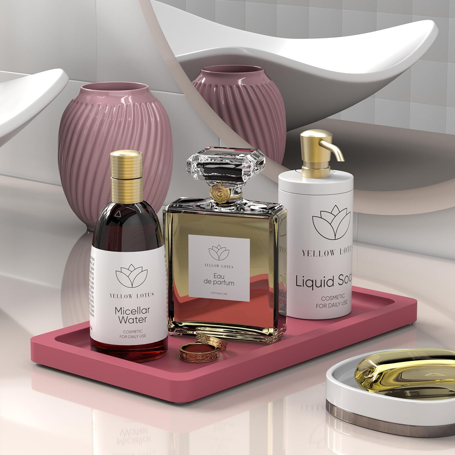 YELLOW LOTUS Bandeja de tocador rosa  Pequeña bandeja de perfume para tocador, pequeñas bandejas de madera para decoración, bandeja de joyería de