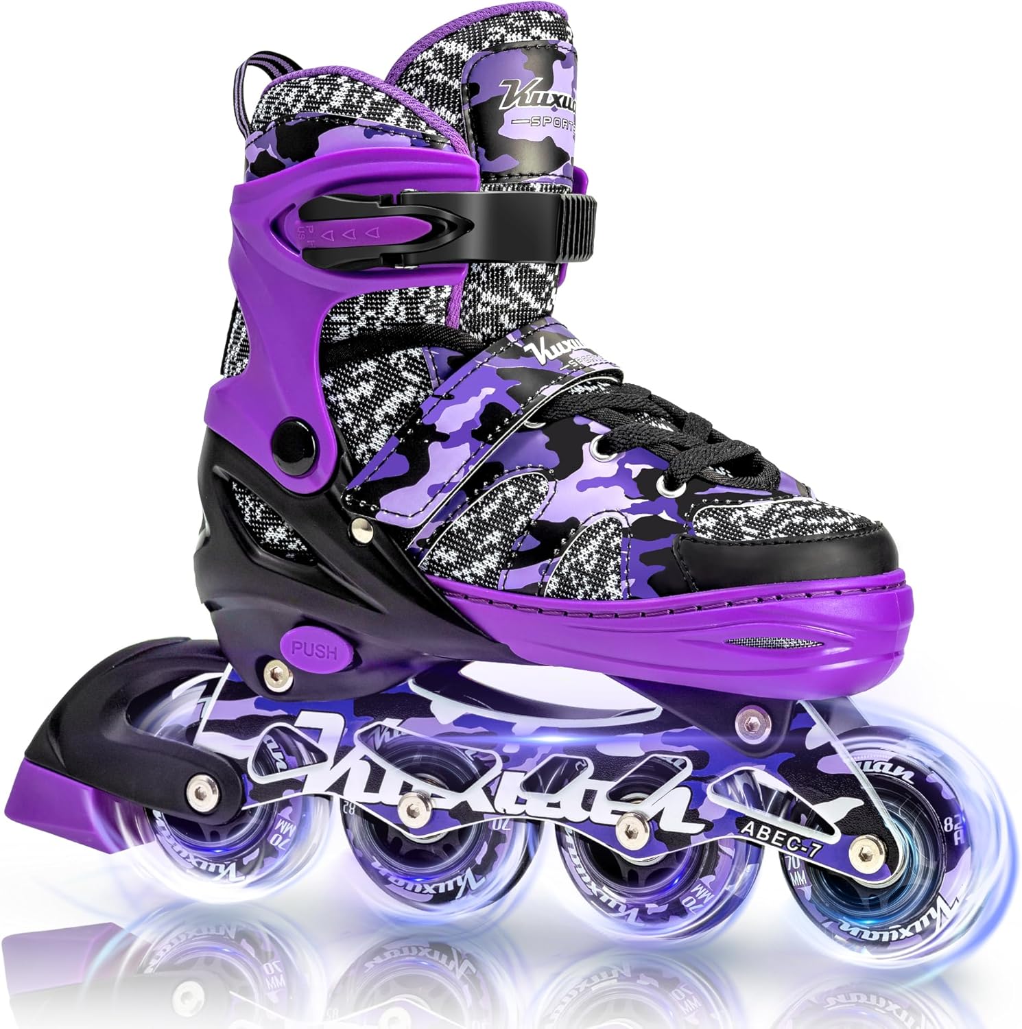 Kuxuan Skates Patines en línea ajustables para niños y jóvenes con ruedas de luz completa, camuflado, diversión al aire libre, patines iluminadores