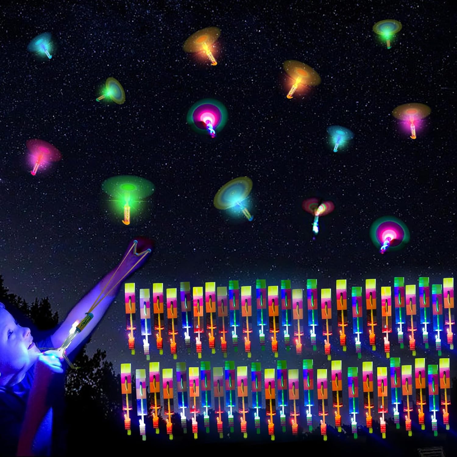 100 lanzacohetes para niños, 50 tirachinas + 50 helicópteros brillantes, cohete de dedo con luces LED, juguetes voladores que brillan en la