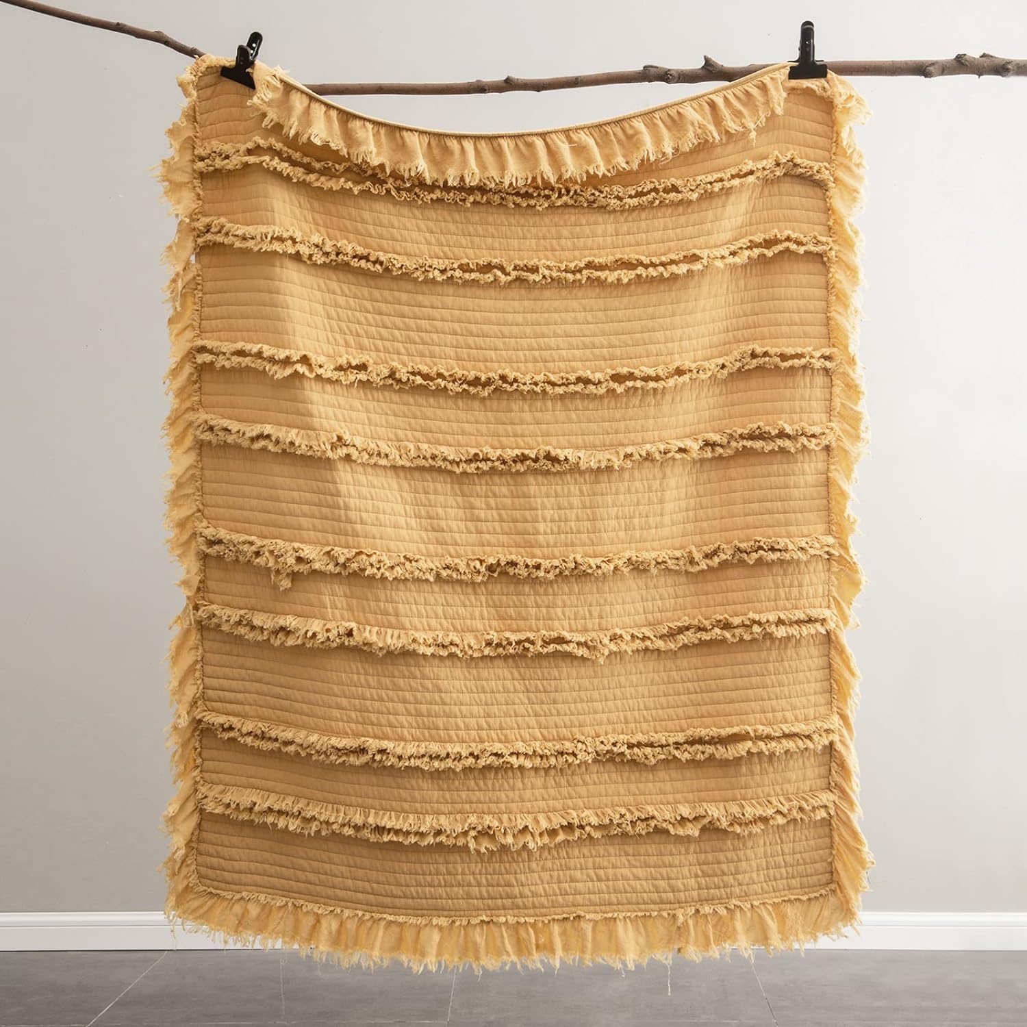 Manta acolchada ultrasuave con flecos de volantes prelavados, decoración bohemia en amarillo lavado a la piedra, manta rústica elegante para sofá,