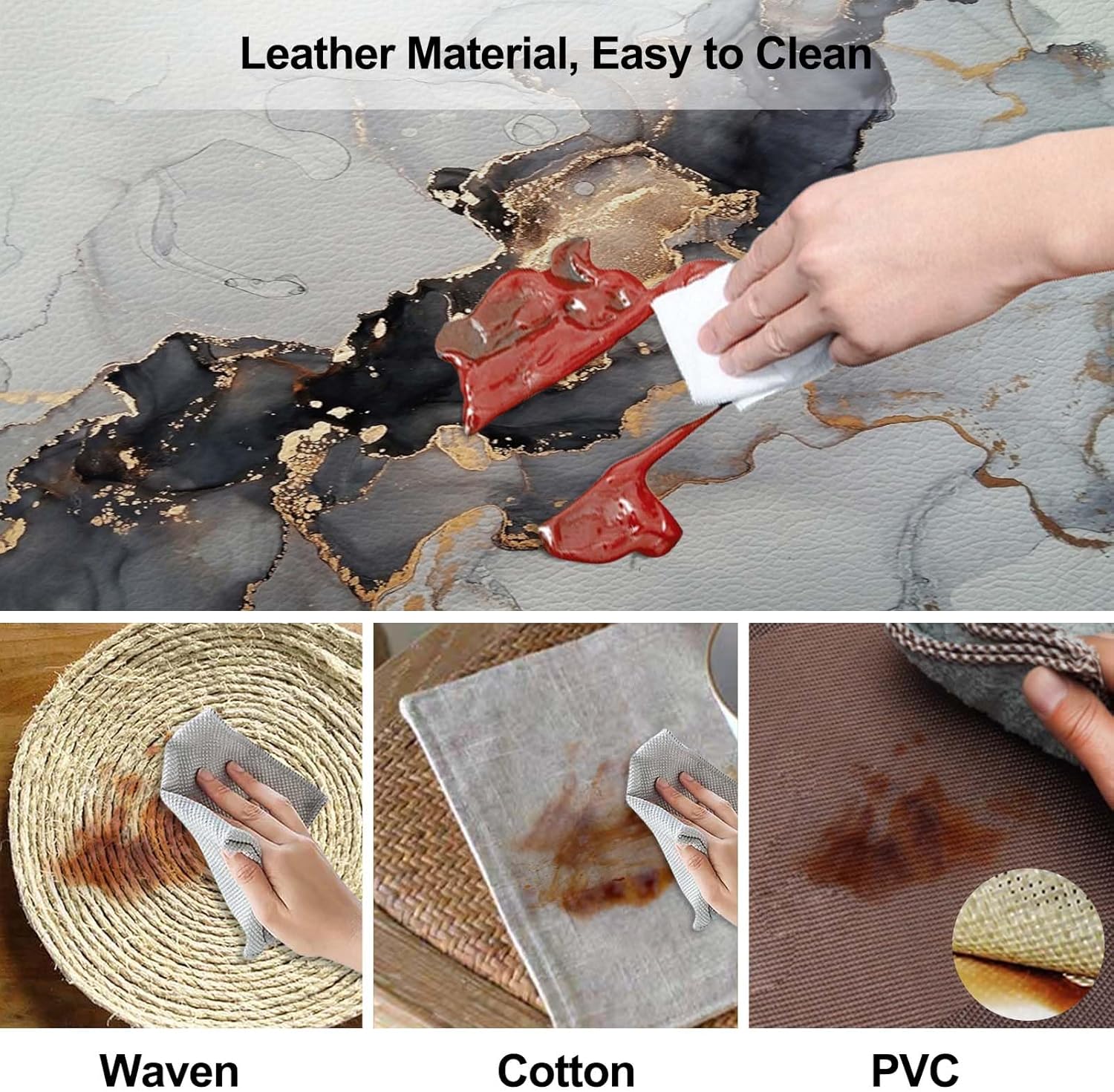 Lnond Juego de 4 manteles individuales de cuero de mármol negro con posavasos, lavables, resistentes a las manchas de calor, lavables para
