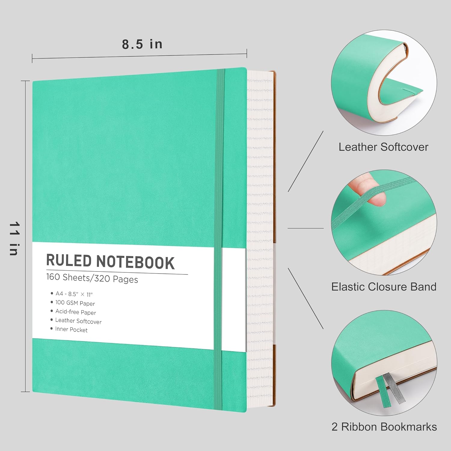 RETTACY Cuaderno A4 con rayas universitarias con 320 páginas, diario grande de tapa blanda para hombres y mujeres con papel forrado de 3.53 ozm,
