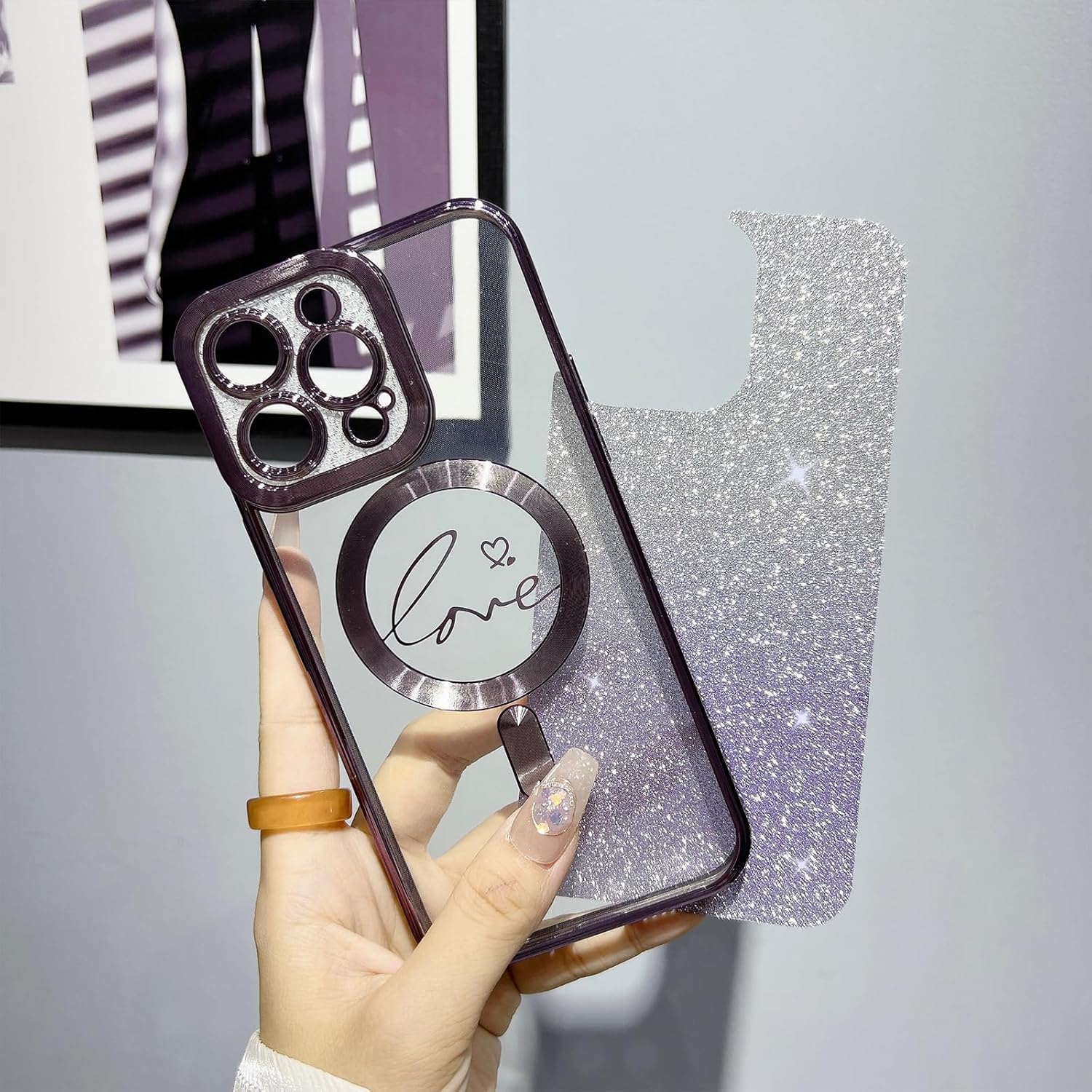 aowner Funda magnética para iPhone 12 Pro Max compatible con MagSafe, funda transparente con diseño de corazón de amor de lujo, protección de