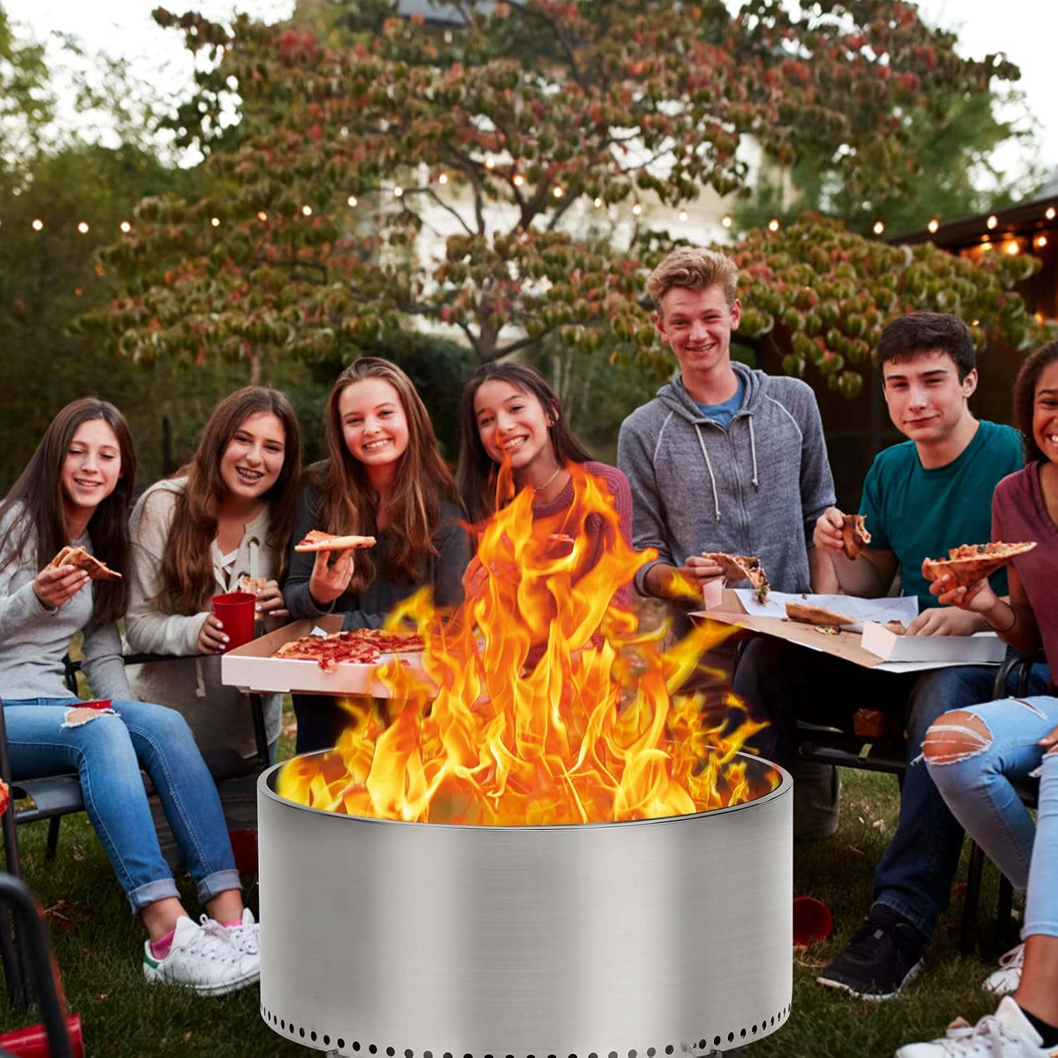 Fogata sin humo de 27 pulgadas con interruptor de aire, fogata portátil de acero inoxidable para exteriores con soporte extraíble y cenicero, ideal