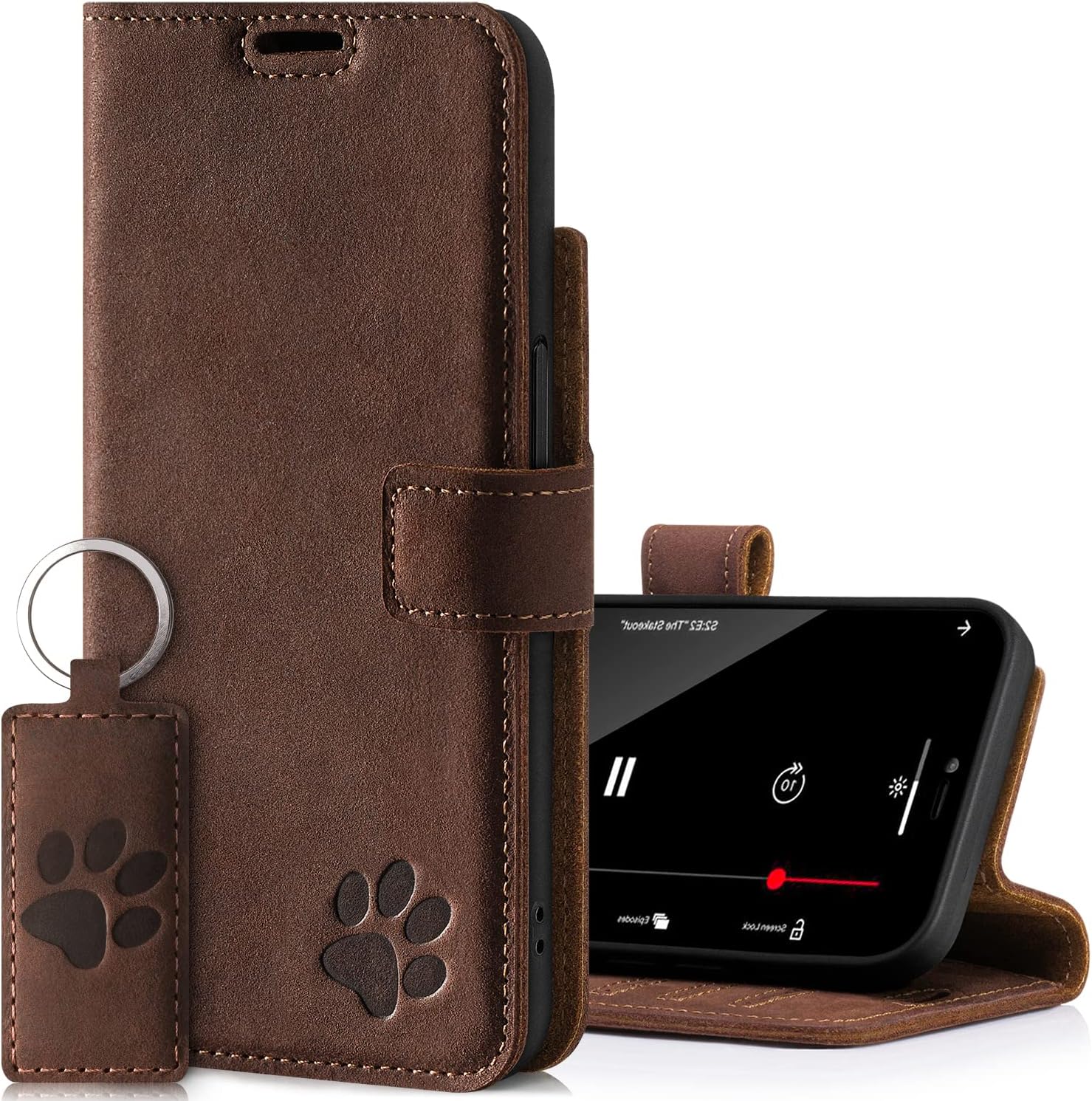 SURAZO Funda tipo cartera de piel auténtica para iPhone 14, 3 ranuras para tarjetas RFID y bolsillo para efectivo, cierre magnético seguro y función