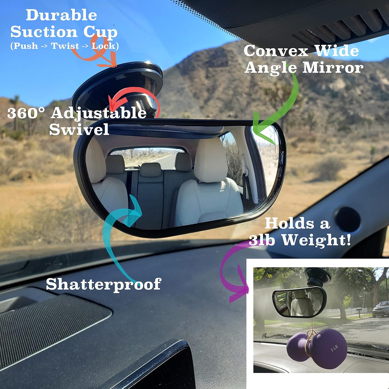 “Backseat Look-See” de Safe View Company, potente espejo convexo con ventosa con ventosa, mira a tus hijos, cónyuge, todos los pasajeros en el