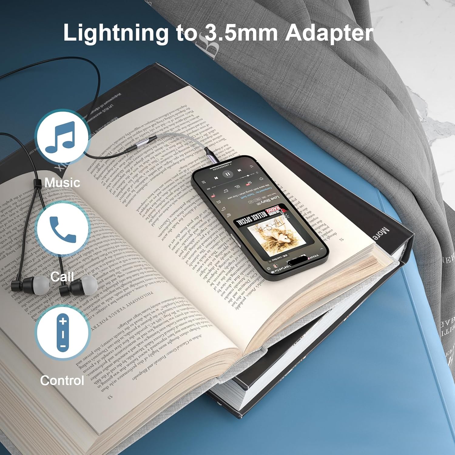 Certificado MFi de Apple Adaptador Lightning a conector de auriculares de 0.138 in, paquete de 2 auriculares trenzados para iPhone de 0.138 in,