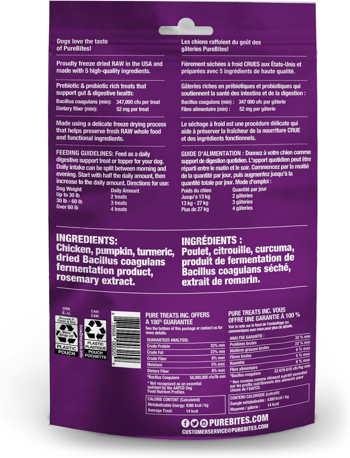 PureBites + Golosina liofilizada para perros de 3.0 onzas  Intestino y digestión  5 ingredientes  Hecho en Estados Unidos