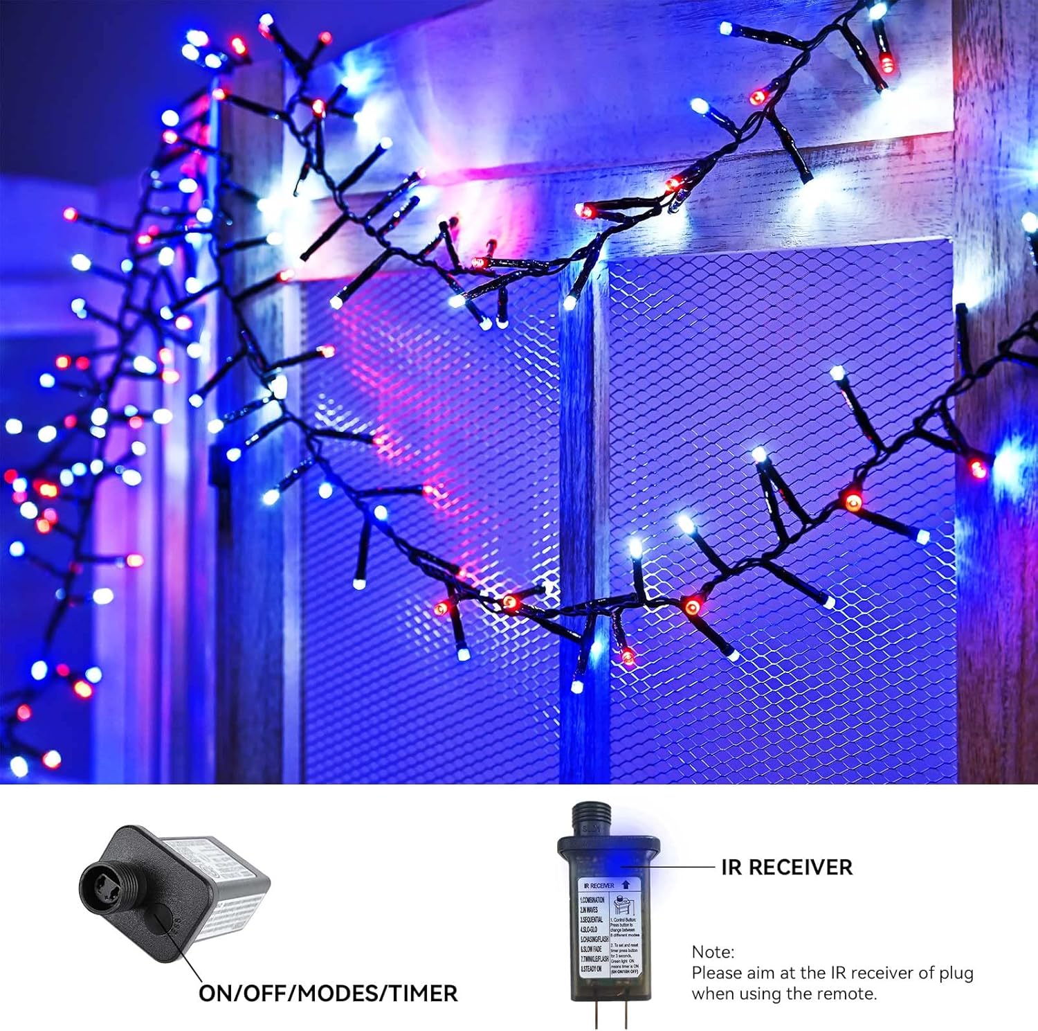 Tira de luces LED rojas, blancas y azules, 400 LED, 19.7 pies, 8 modos, impermeable, para interiores y exteriores, 4 de julio, Día de la