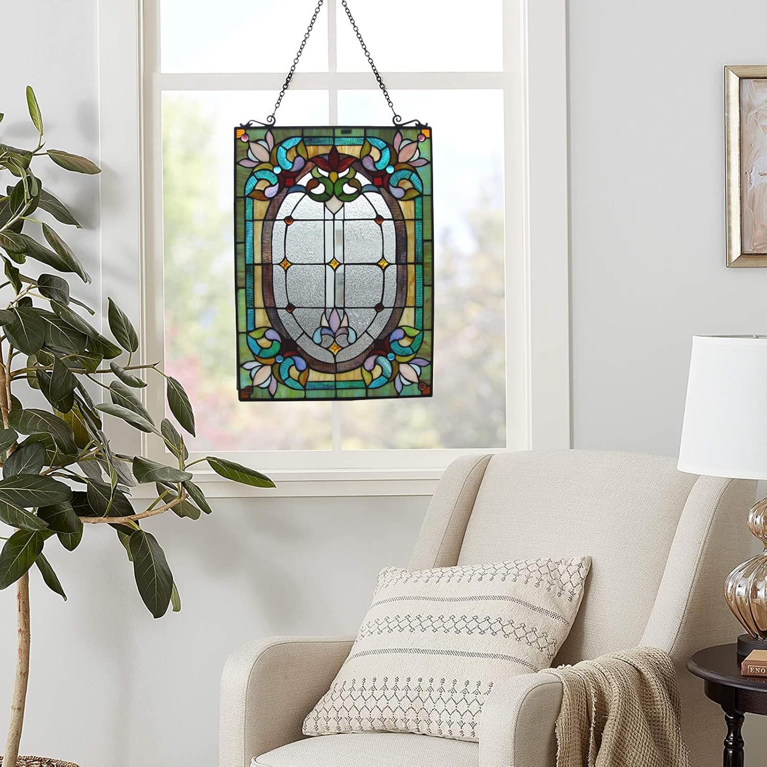 Fine Art Lighting Tiffany – Panel de ventana de vitral de 18 x 24 pulgadas, 100% vitral, 204 cortes de vidrio, 18 x 24 pulgadas, cadena para colgar