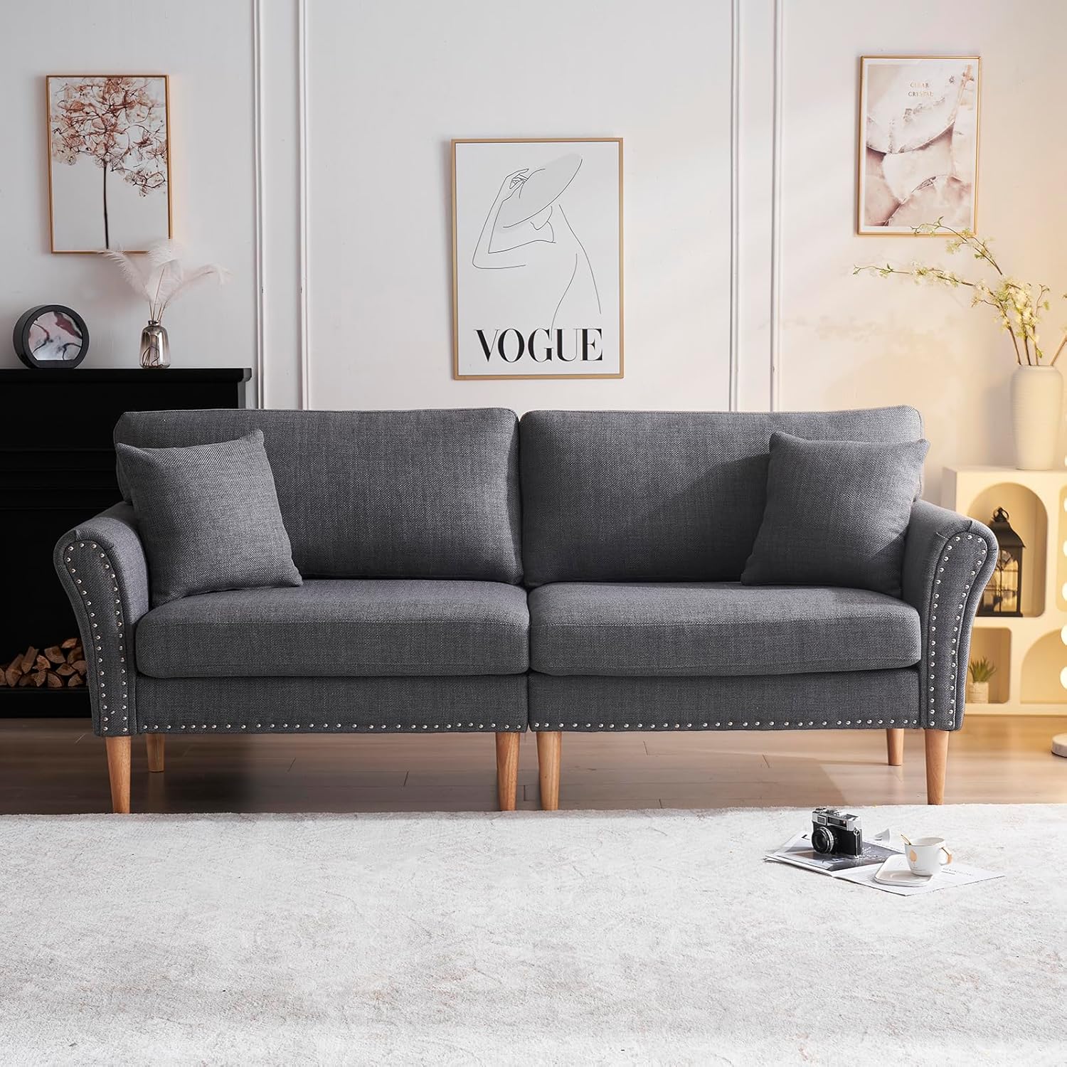 Sofá de arpillera, sofá pequeño de tela moderna, patas de madera maciza, sofás de 2 plazas con 2 almohadas, para sala de estar, dormitorio, oficina