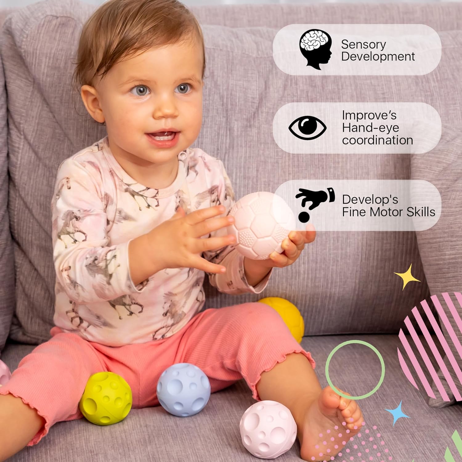 GERARDO’S Toys My First Sensory – Juego de 4 bolas sensoriales con bolsa de lino, formas de superficie suave, texturizada, sensaciones táctiles,