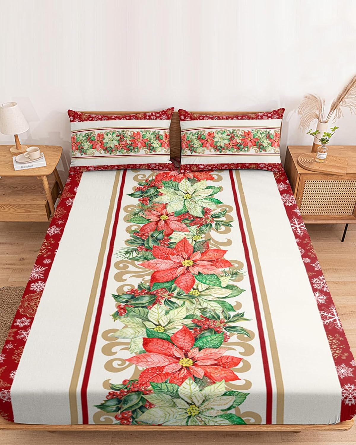 Christmas Winter Poinsettia Flower Fitted Bed Sheets California King Size Fit 5-16inch Deep Pockets,Bottom Sheet Bedding Set with Pillow Case,White