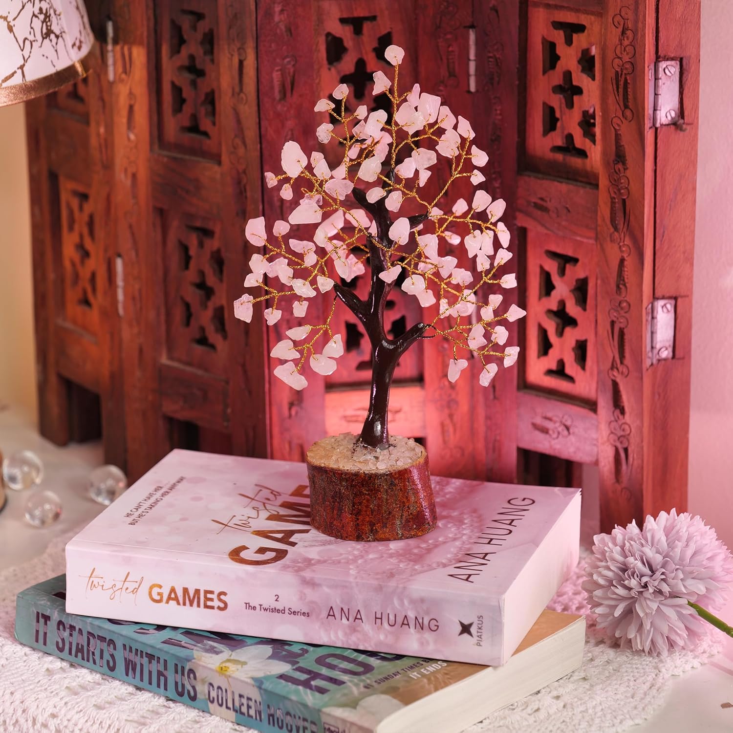 Cristales de cuarzo rosa, Árbol de dinero de buena suerte, Decoración de habitación rosa, Artículos espirituales, Árbol de dinero de cuarzo rosa,