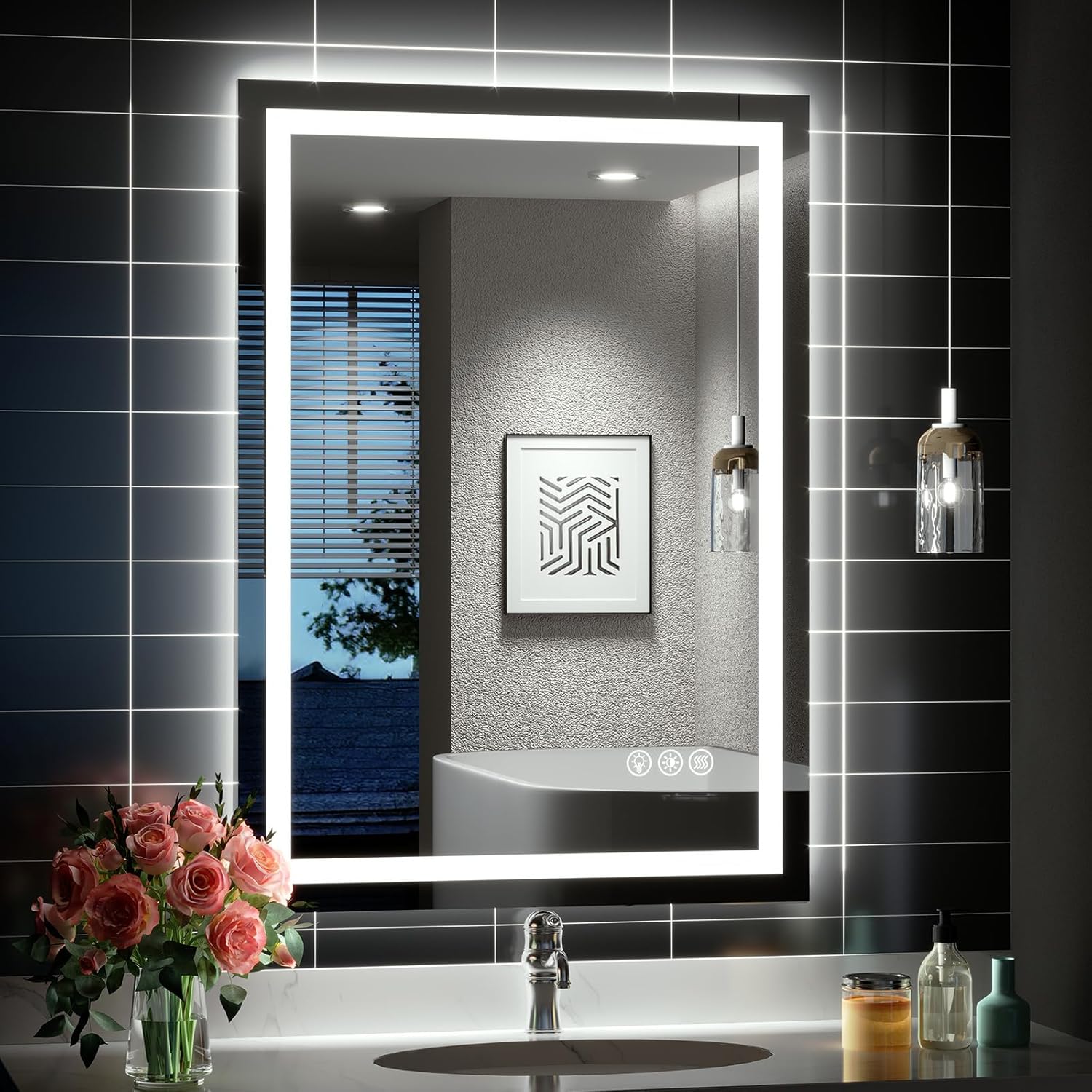 Brightify Espejo de baño LED con luces, espejo de baño LED de 22 x 28 pulgadas, espejo de baño delantero y retroiluminado, 3 colores regulables,