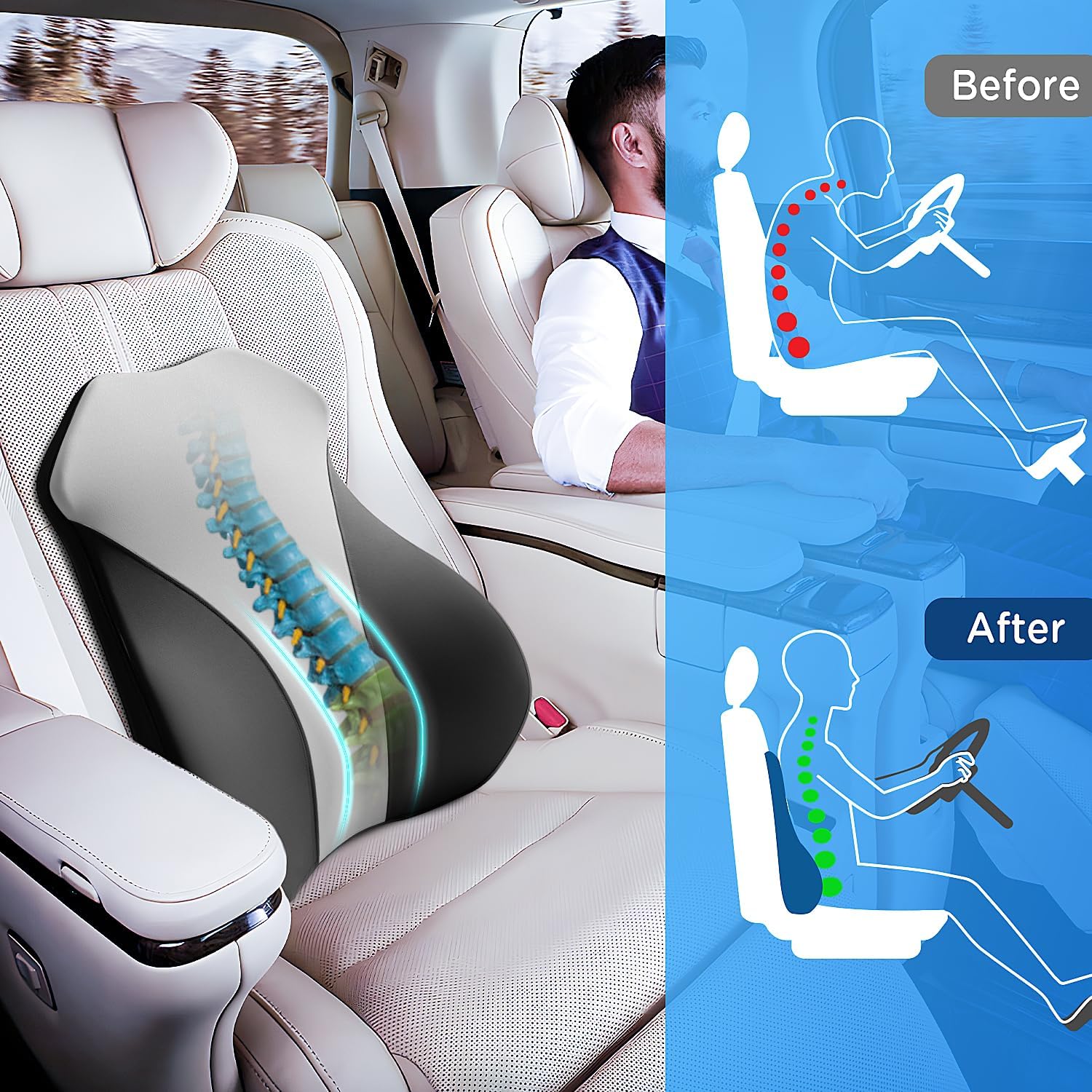 Almohada de apoyo lumbar para silla de oficina, automóvil, soporte de espalda de espuma viscoelástica para aliviar el dolor de espalda, cojín de
