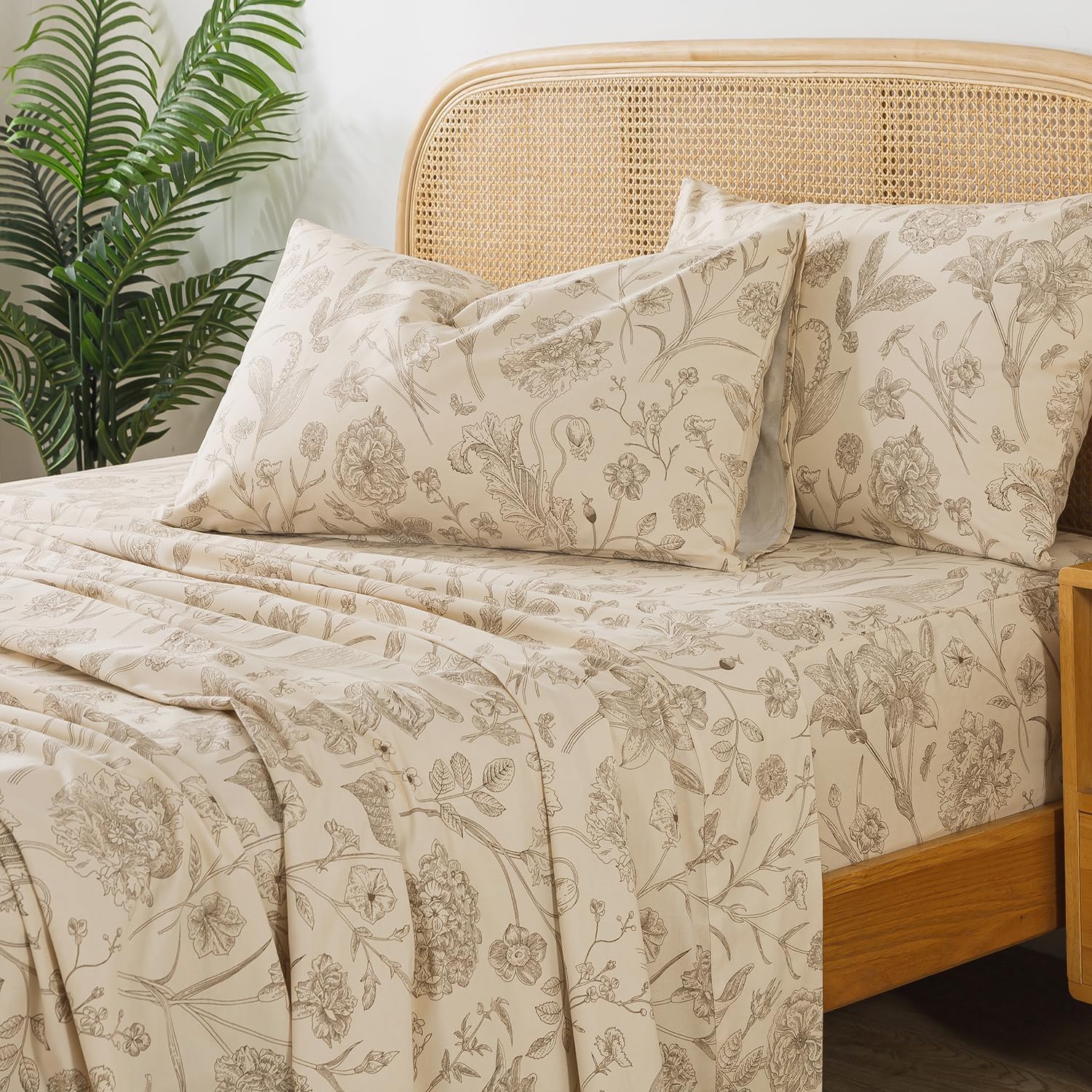 Zusbest Juego de sábanas de tamaño King de 100 % algodón percal, color beige floral, cepillado extra suave, sábanas de franela de lujo transpirable