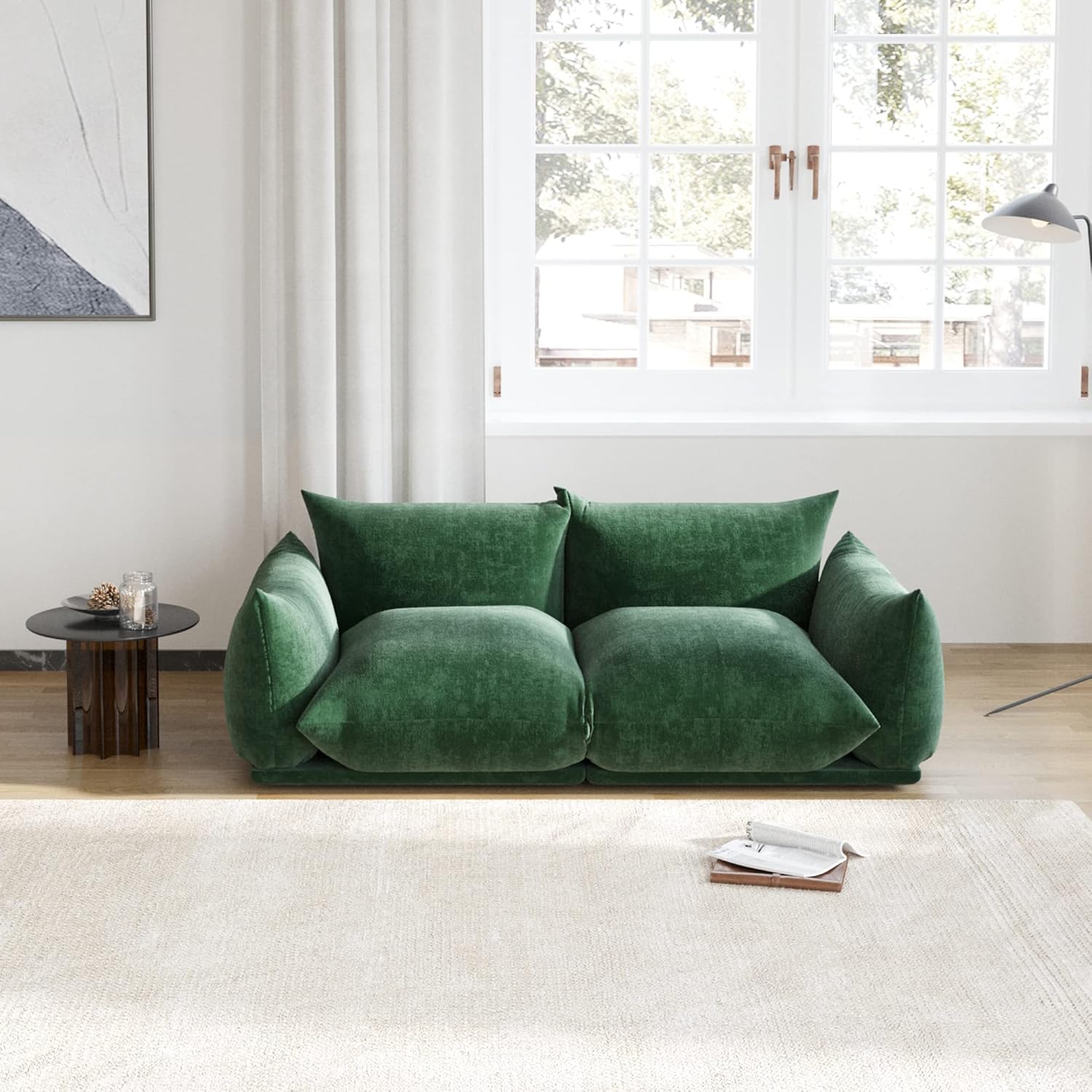Sofá biplaza moderno de chenilla, sofá tapizado de felpilla de mediados de siglo para sala de estar, apartamento oficina (77.16 pulgadas, verde)