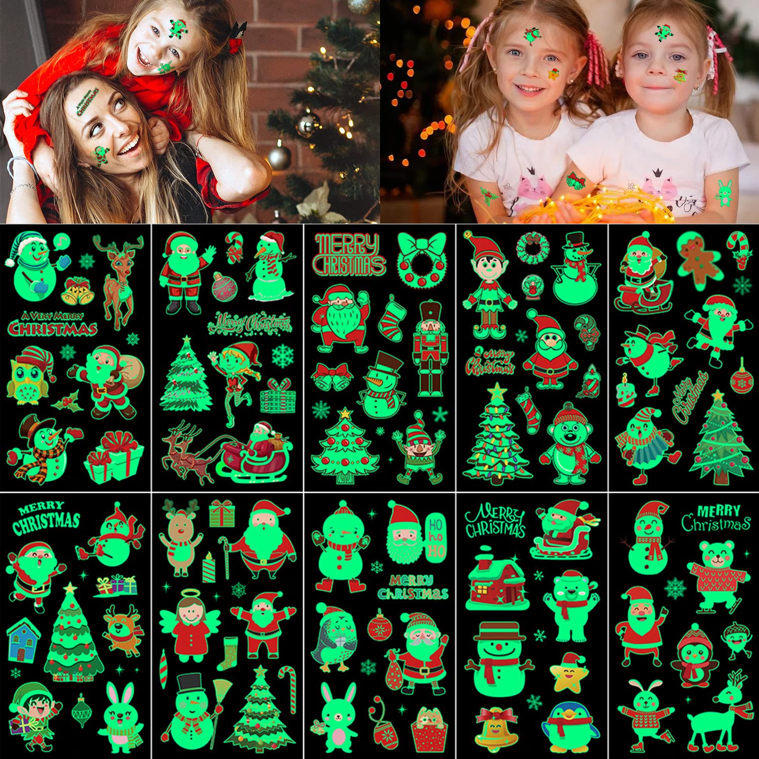 10 hojas de 105 tatuajes temporales de Navidad para niños que brillan en la oscuridad, tatuajes para niños y niñas, decoraciones de Navidad,