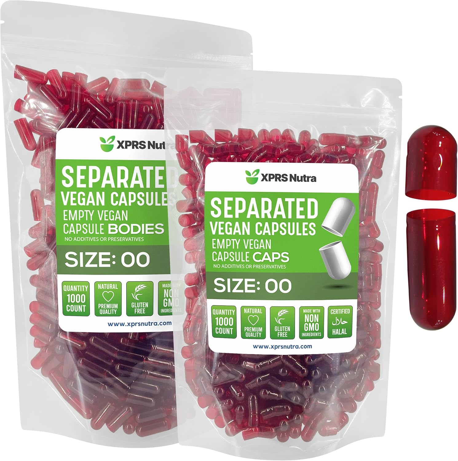 XPRS Nutra Cápsulas separadas de tamaño vegano 00  1000 cápsulas vacías de primera calidad separadas en bolsas  Separadas vacías 00 cápsulas