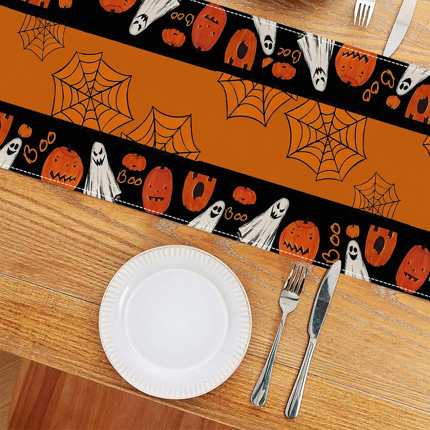 Camino de mesa de Halloween, calabaza, fantasma, bruja, murciélago, telaraña, decoración de mesa para cocina, comedor, café o decoración de fiestas