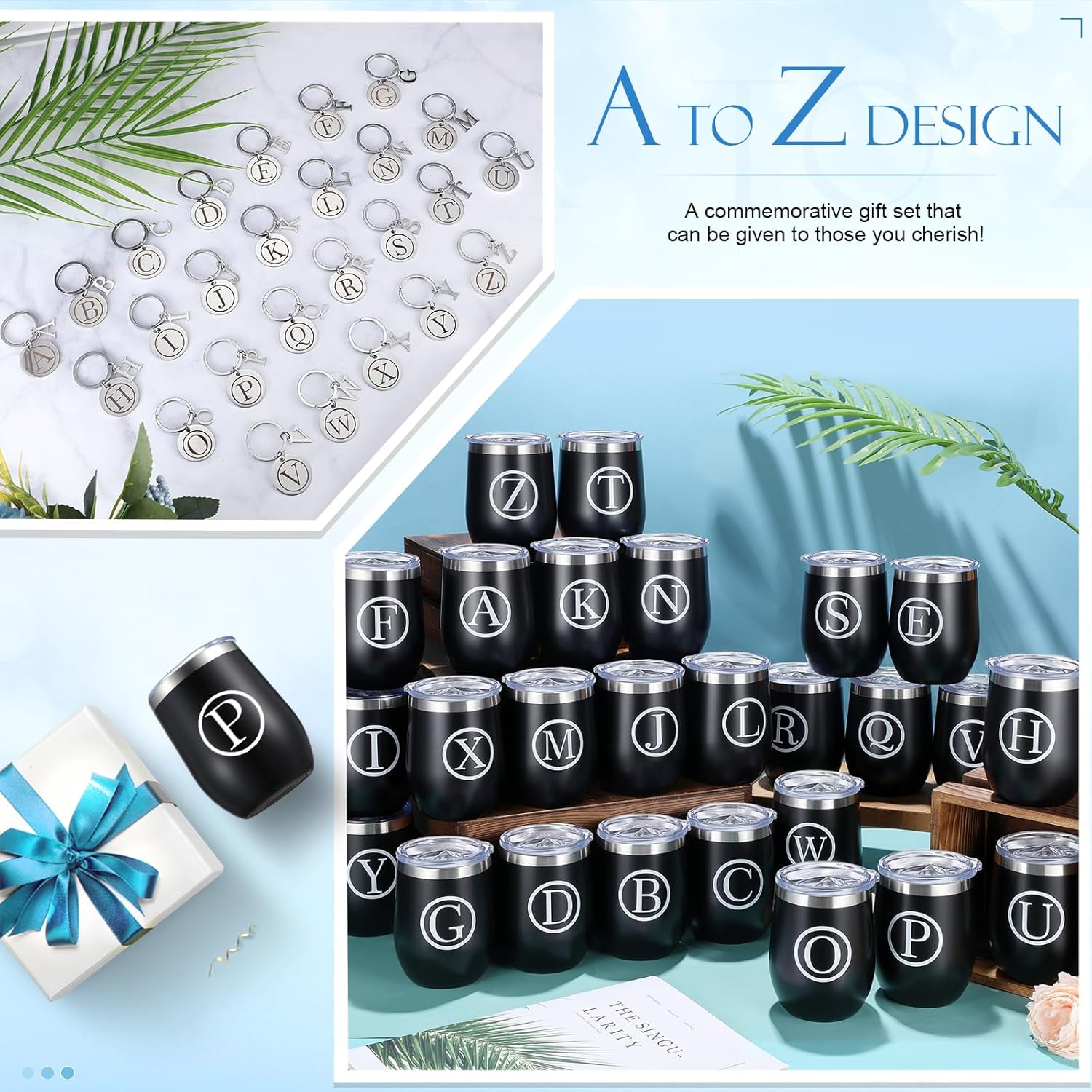 Dandat Vaso de vino personalizado, regalos con llavero personalizado, taza inicial de viaje de acero inoxidable negro de 12 onzas con tapa y popote