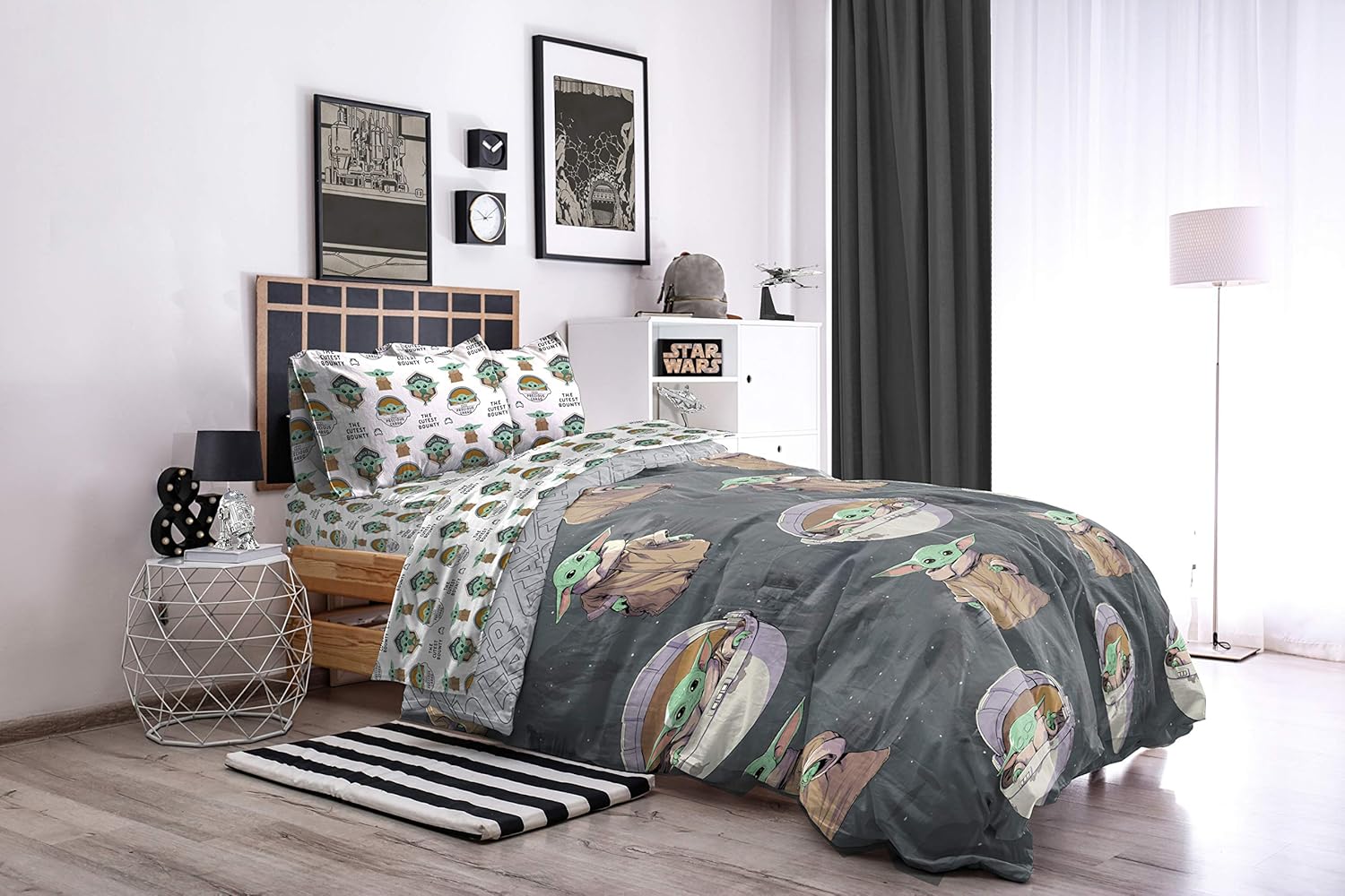 Juego de ropa de cama Queen de 5 piezas de Star Wars The Mandalorian The Child, incluye edredón reversible y sábanas con Baby Yoda, de microfibra