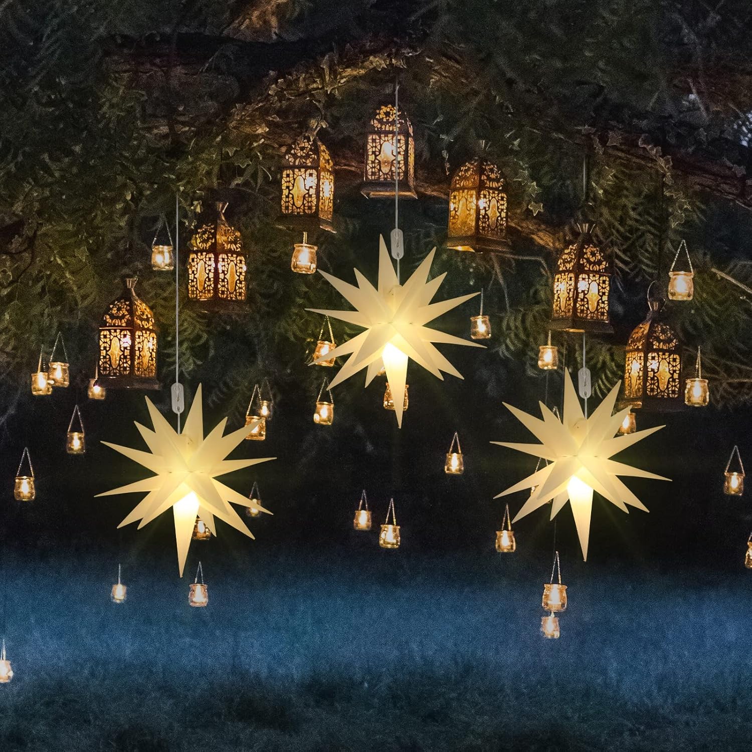 8 luces de estrella moravia 3D LED colgantes de estrella alimentadas por batería con función de temporizador, luz blanca para porche, decoración