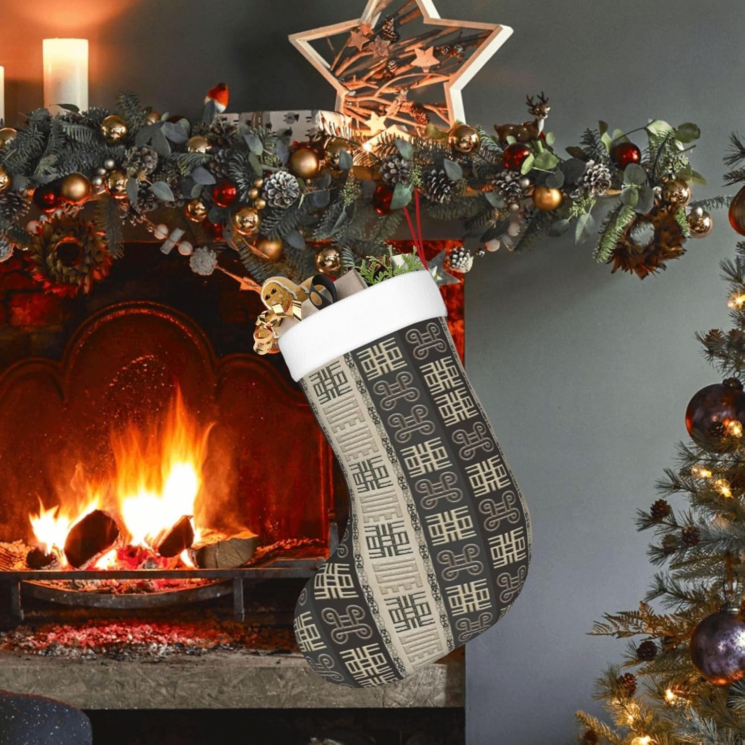 Calcetines de Navidad, patrón africano con símbolos Adinkra, medias de Navidad grandes, medias colgantes de Navidad para chimenea, medias para
