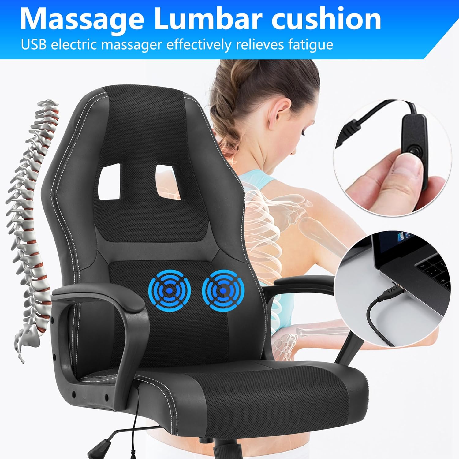 PayLessHere Silla de oficina para videojuegos, soporte ergonómico ajustable de piel sintética, silla de masaje lumbar para carreras, reposacabezas y