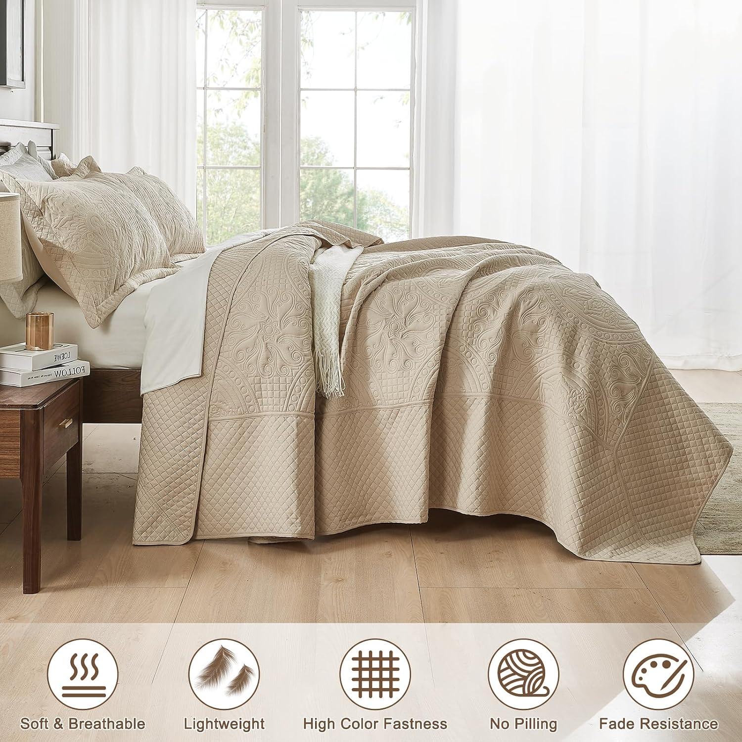 Qucover Colchas tamaño King de gran tamaño de 120 x 120 pulgadas, color beige, juego de edredón California King, colcha ligera de microfibra suave
